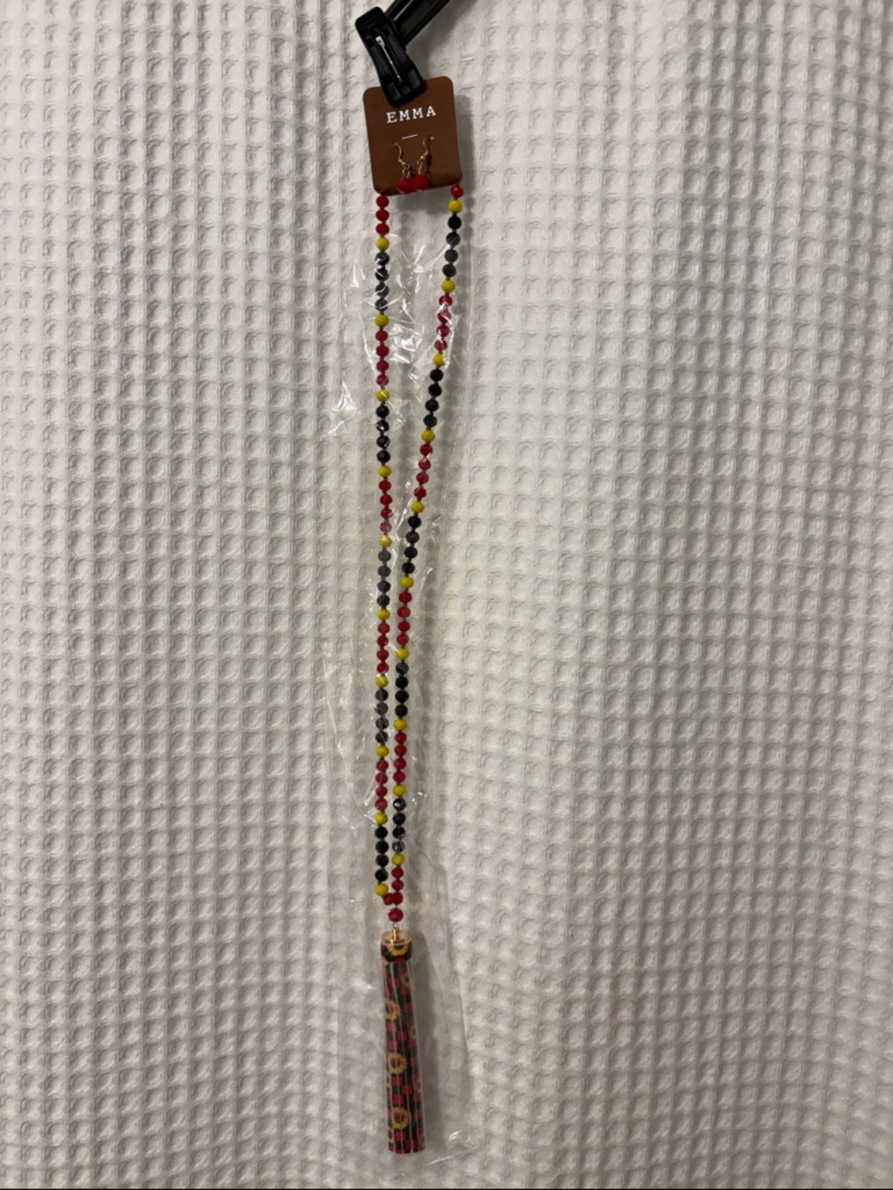 Emma Red, Black & Yellow Beaded Tassel Necklace 32”